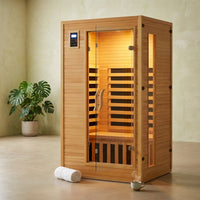 2024 Upgrade 1 to 2 Person Infrared Sauna, Low EMF Infrared Sauna for Home, Indoor Sauna Room, Hemlock Wooden Far Infrared Sauna, Dry Sauna with Bluetooth Speakers, LED Reading and Chromotherapy Lamp — Studio Shot