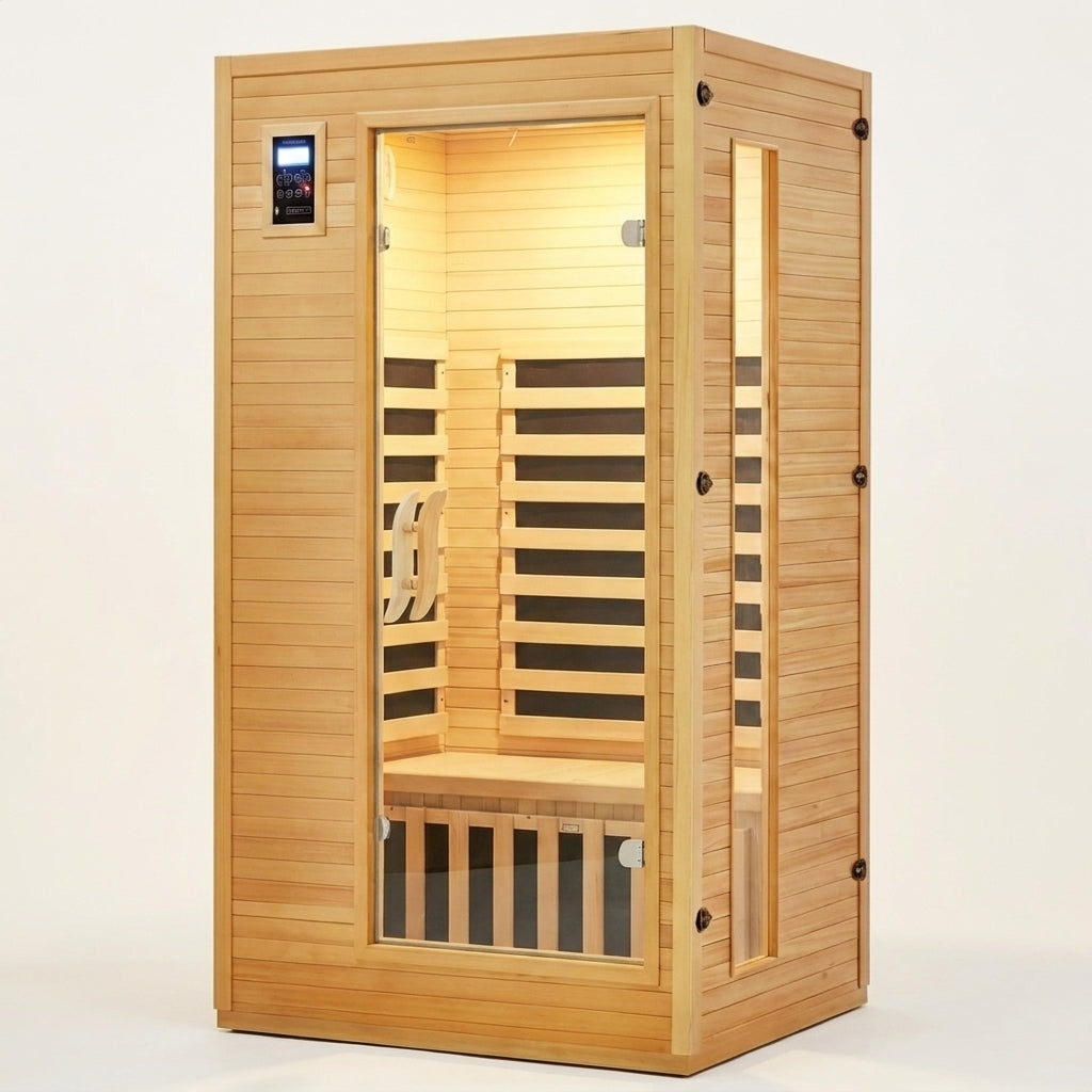 2024 Upgrade 1 to 2 Person Infrared Sauna, Low EMF Infrared Sauna for Home, Indoor Sauna Room, Hemlock Wooden Far Infrared Sauna, Dry Sauna with Bluetooth Speakers, LED Reading and Chromotherapy Lamp — Studio Shot