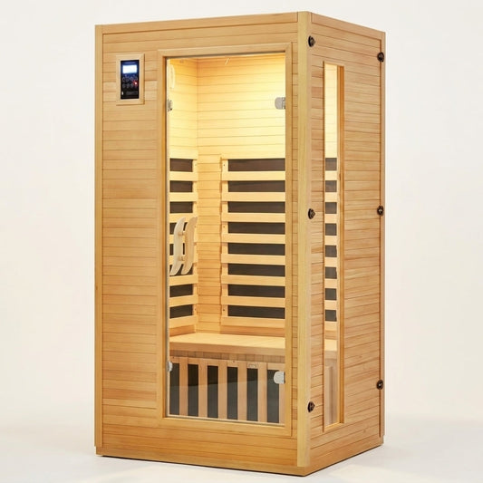 2024 Upgrade 1 to 2 Person Infrared Sauna, Low EMF Infrared Sauna for Home, Indoor Sauna Room, Hemlock Wooden Far Infrared Sauna, Dry Sauna with Bluetooth Speakers, LED Reading and Chromotherapy Lamp — Studio Shot