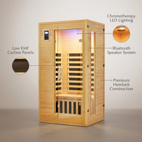 2024 Upgrade 1 to 2 Person Infrared Sauna, Low EMF Infrared Sauna for Home, Indoor Sauna Room, Hemlock Wooden Far Infrared Sauna, Dry Sauna with Bluetooth Speakers, LED Reading and Chromotherapy Lamp — infographic