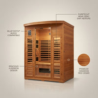 FAR Infrared Sauna Designed for Home Wellness, 4-Person Cedar Construction, Bluetooth Compatible, 9 Heaters — infographic