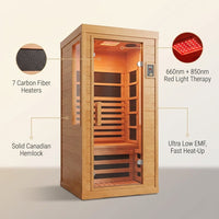 Infrared Sauna with Fda-Certified 660Nm & 850Nm Red Light Therapy | Full Spectrum, 1.4 Mg Ultra Low EMF, Fast Heat-Up, Canadian Hemlock, 7 Carbon Fiber Heaters, Easy Assembly, 1170W 110V — infographic
